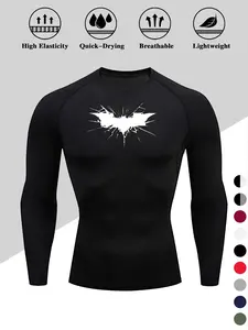 Men's Quick-Dry Compression Shirt, Batwing Print Long Sleeve, High Elasticity, Breathable, Moisture-Wicking, Outdoor Fitness Running, Athletic Compression Shirts, Workout Apparel