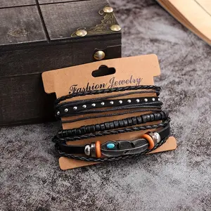 3pcs European and American ethnic style multi-layer leather wax rope braided bracelet handmade braided wooden bead leaf accessories adjustable size