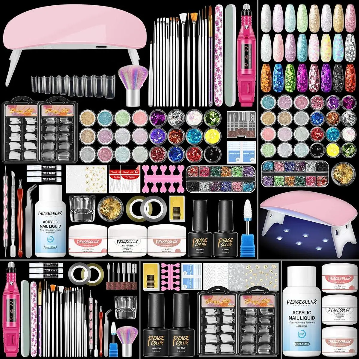 Acrylic Nail Kit with Drill and U V Light, Professional Nail Kit Acrylic Set for beginners with Everything 3PC Powder 24PC Glitter Fake Tips Decoration Nails Set DIY Home Salon