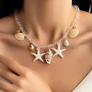Women's Gold Starfish Shell Charm Choker Necklace - Clear Faceted Beads, Boho Pearlized Starfish, Coastal Ocean Beach Costume Jewelry Gift