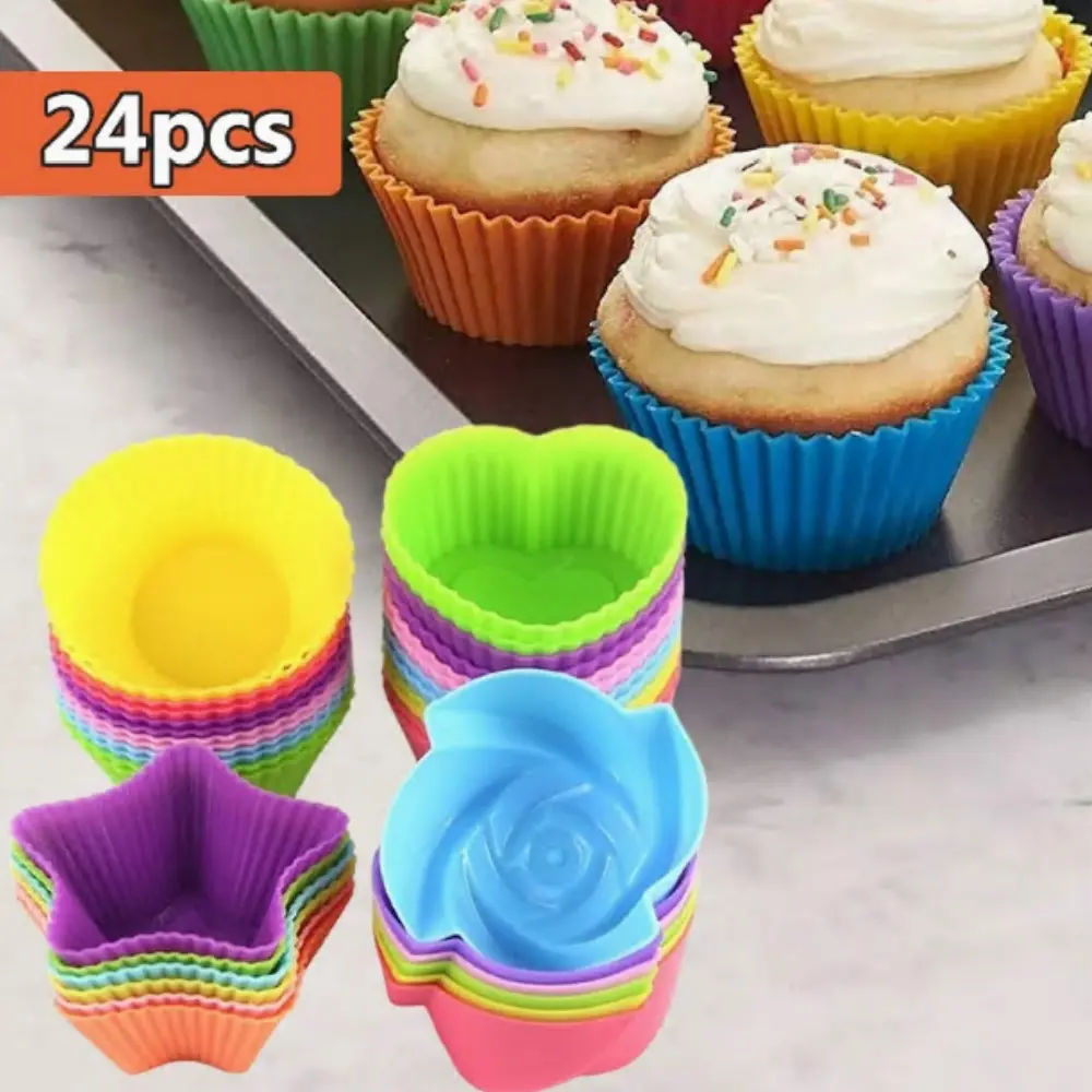 24PCS Flexible Reusable Silicone Cupcake Liners for Kids - Non-Stick, Easy-Clean Baking Cups for Muffins, Pastries - 4 Vibrant Shapes (Round, Star, Heart, Flower) | Outdoor Family Baking Session Camp Kitchen Tools