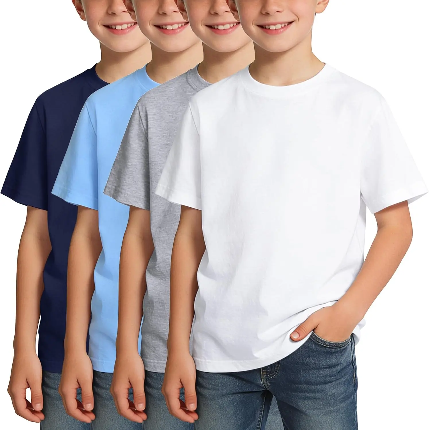 4 Pack Boys Shirts Kids Crew Neck T-Shirt Cotton Clothes Uniform Tops | Summer Short Sleeve Tshirts for Toddler Kids Teen 5-14 Years