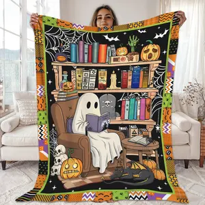 Ghost Reading Book Blanket Romantasy Reader,Book Lover,Spooky Stories Fleece Blanket, Halloween Party,Boo Bookish Throw Blanket For Bed Sofa