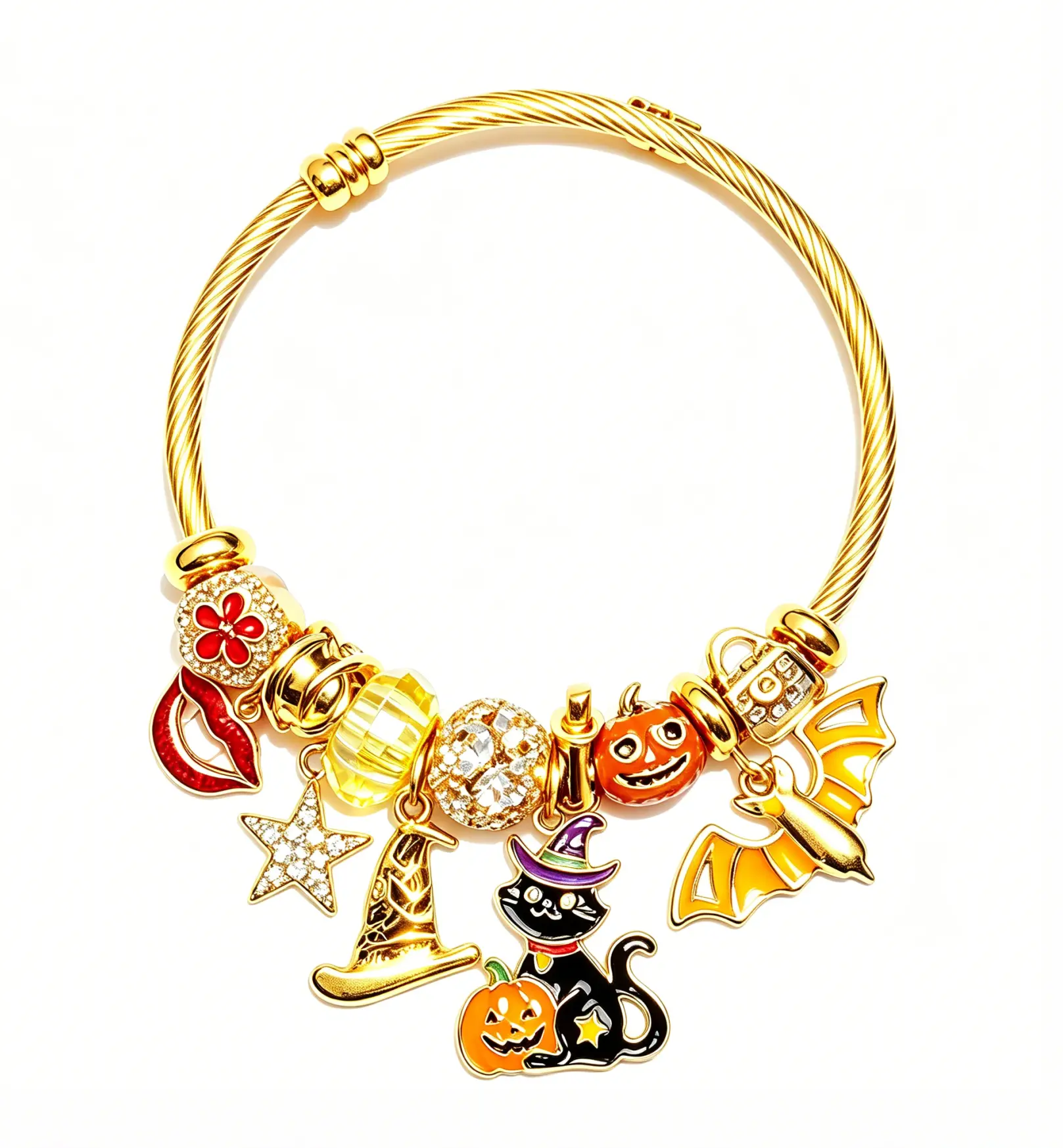 Halloween Charm Bangle Bracelet, Gold Tone Adjustable Wire Cuff with Black Cat, Pumpkin, Bat Witch Hat Enamel Charms, Halloween Jewelry Gift for Women Girls