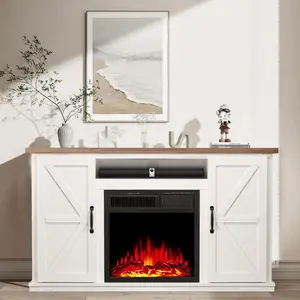 Electric Fireplace, with Mantel, Freestanding Wooden Frame Firebox, Adjustable Realistic 3D Flame, Remote Control, Glass Doors for Wooden Drawers, 750W-1500W, White