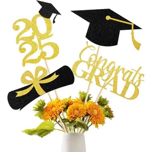 Graduation Decoration 2025, 16 count  and Black Double Sided Sparkling Graduation Centerpieces Sticks for Table, Class of 2025 Graduation Party Decorations, Table Toppers Set of 4
