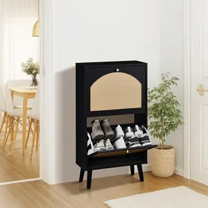 2 dump buckets with high-leg arched rattan surface shoe cabinet particle board + plastic rattan 54*24*98cm black frame + original wood rattan surface + black high legs