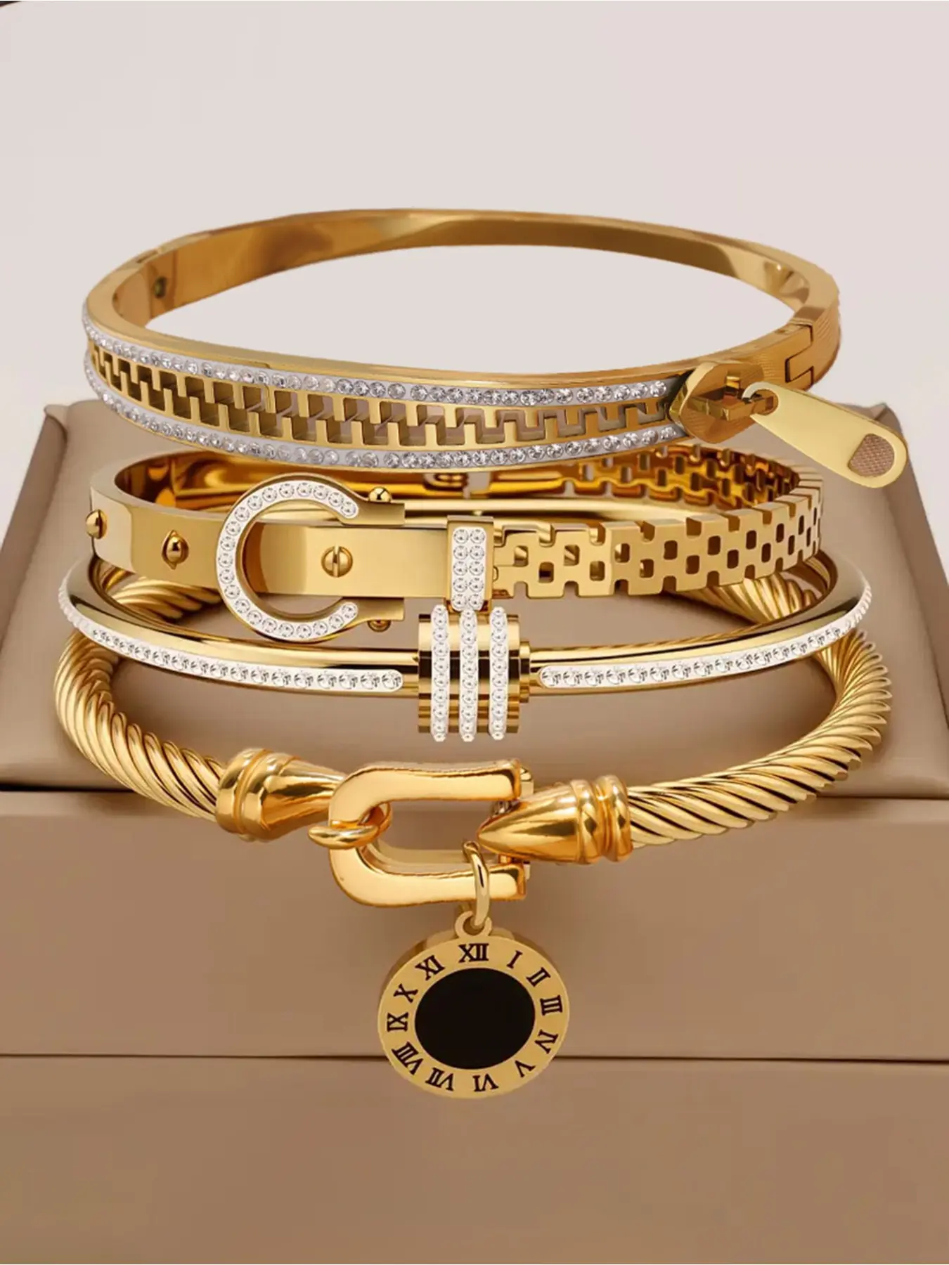 4-piece set of elegant and fashionable jewelry gifts, stainless steel women's trendy stack bangle inlaid with zircon, banquet party jewelry bracelet, holiday gift, Fashionable Bangles, Stackable Bracelet Set