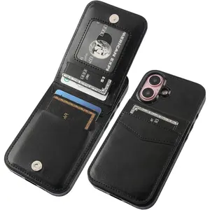 L-PCS007   Compatible with iPhone 16 Case Wallet with Credit Card Holder, Flip Premium Leather Magnetic Clasp Kickstand Heavy Duty Protective Cover for iPhone 16 6.1 Inch (Black)