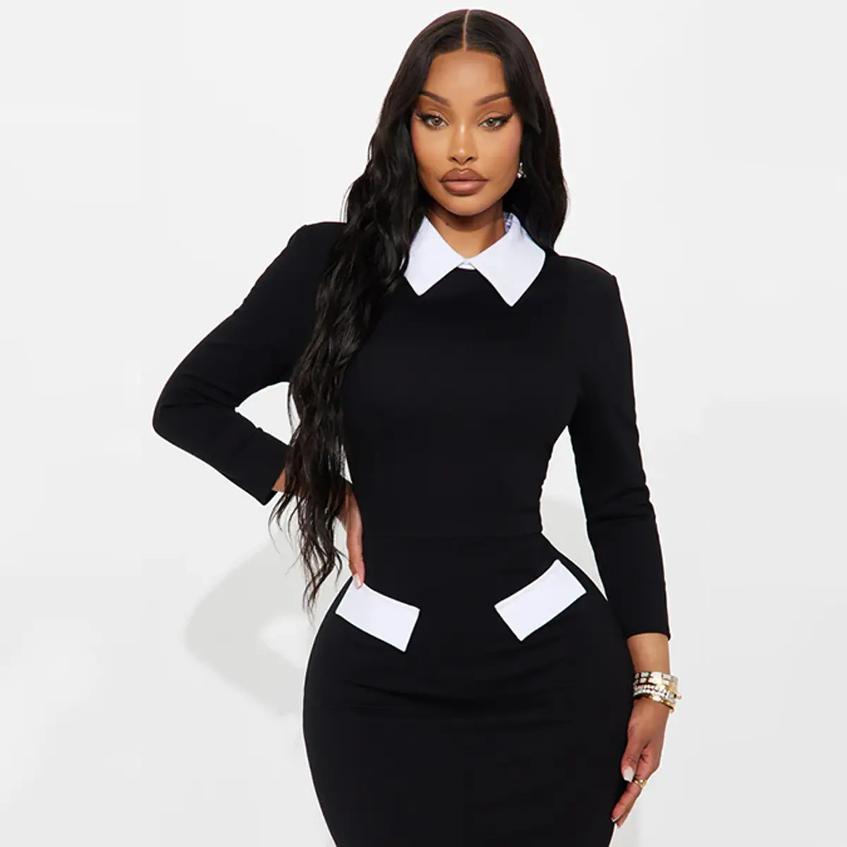 sachin and babi light blue dress OYV Women's Elegant Pencil Dress Peter Pan Collar Long Sleeve 2025 Trendy  Work Knee Length Dresses