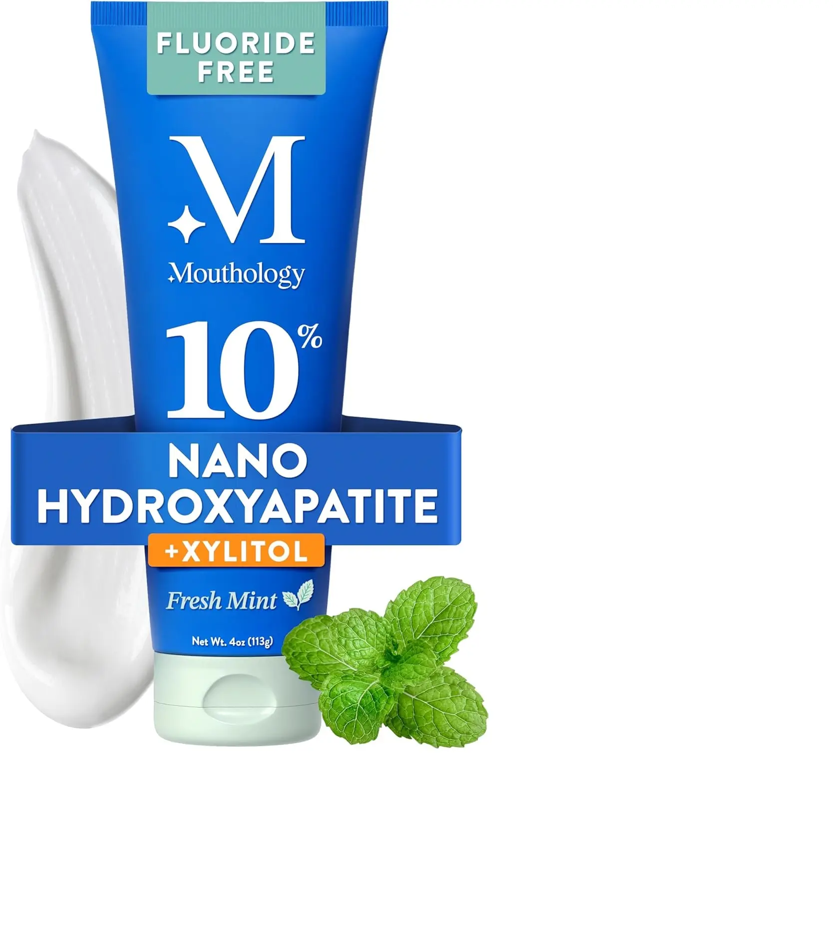 Mouthology 10% Nano Hydroxyapatite Toothpaste Fluoride Free, Whitening*, Rod Shaped nHA, Xylitol Toothpaste for Adults, Enamel Care*, Sensitive Teeth*, SLS Free, Mint 4oz (USA Made) Package May Vary