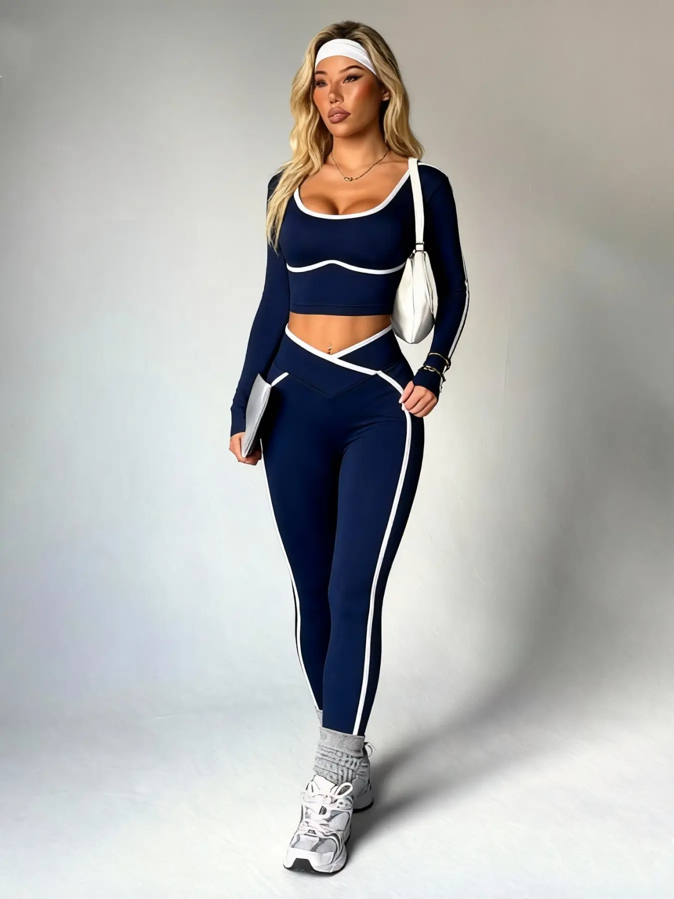 Women's 2-Piece Spring Fall Colorblock Sportswear Set, Knitted Stretch Slim Fit Long Sleeve, Colorblock Patchwork Pants, Ideal for Workout & Casual Wear