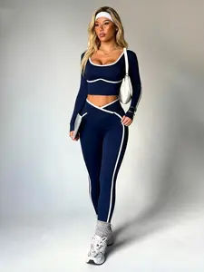 Spring Women's Sportswear Set, Sweatsuit Sets, Sweatsuit Outfits, Knitted Elastic Slim Fit Long Sleeve, Colorblock Patchwork Pants, Ideal for Sports Fitness Casual Wear