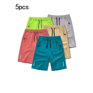 5pcs Set of  Summer Shorts for Boys with Breathable Fabric, Drawstring, And Zip Pockets, for Outdoor