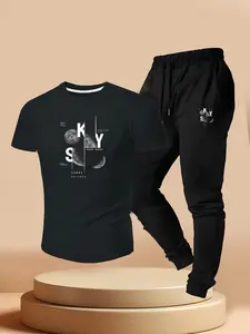 Men's Casual Round Neck T-Shirt Short Sleeve + Drawstring Sports Pants Two-Piece Set, Summer Astronomical Art Style