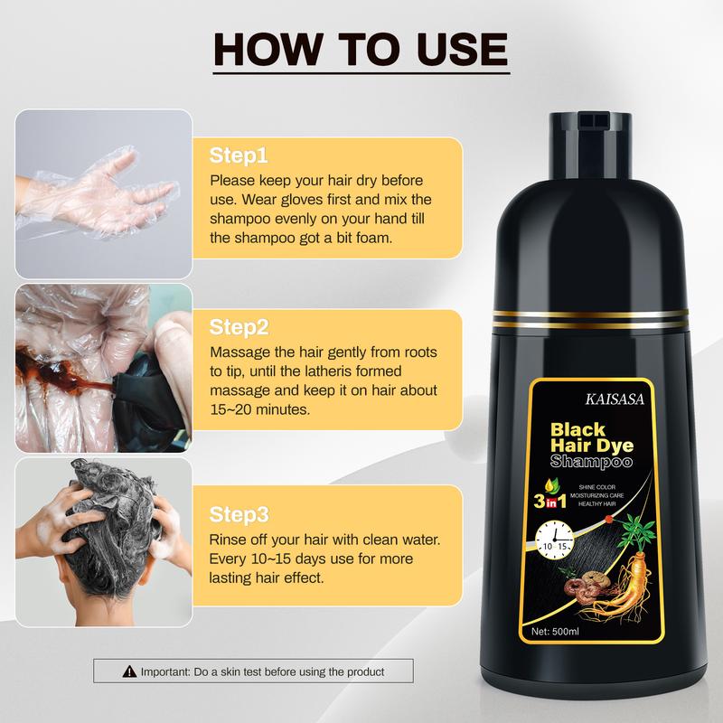 KAISASA Black Hair Dye Shampoo 3 in 1 - Can cover gray hairs, Herbal Ingredients, Contains Ginseng Extract, Natural Haircoloring, Plant Haircare