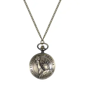 OIDEA Unisex Statue of Liberty Collectible Pocket & Fob Watch - Art Inspired Full Bronze Metal, Embossed Case Numeral Dial, US/Nation Pride Patriotic American Necklace Gift, Collectibles, Art Inspired Pocket & Fob Watches