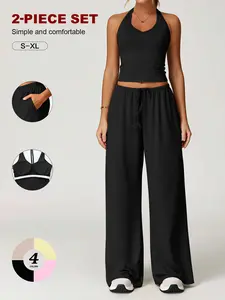 Women’s 2-piece halter neck set with built-in bra — casual backless crop top and drawstring wide-leg pants lounge set — comfortable solid-color summer outfit