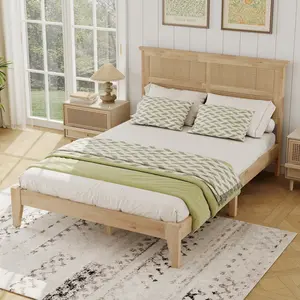 [Bellemave] Solid Wood Bed Frame with Rattan Headboard, Platform Bed with Central Support Beams and Enhanced Feet,Natural