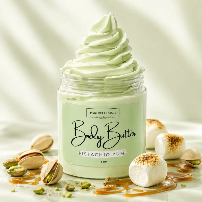 PureBellissimo Body Butter Pistachio Yum 9 oz - Luxurious Moisturizing Body Care with Pistachio & Marshmallow and Salted Caramel