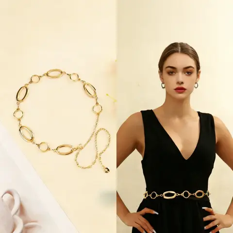Adjustable Gold & Silver Oval and Circle Link Waist Belt - Elegant Fashion Accessory for Women's Party and Formal Wear Trendy Exquisite Fashion Belts Stylish Belts