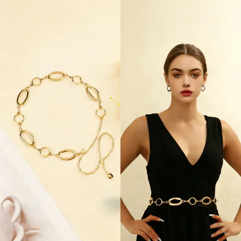Adjustable Gold & Silver Oval and Circle Link Waist Belt - Elegant Fashion Accessory for Women's Party and Formal Wear Trendy Exquisite Fashion Belts Stylish Belts