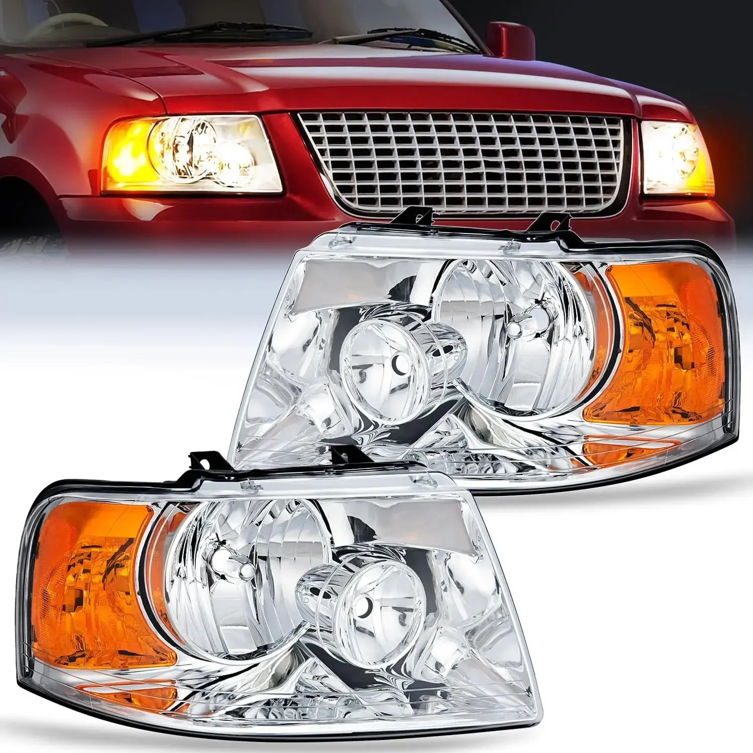 Nilight 2003 2004 2005 2006 Ford Expedition Headlight Assembly Chrome Housing Amber Reflector Clear Lens