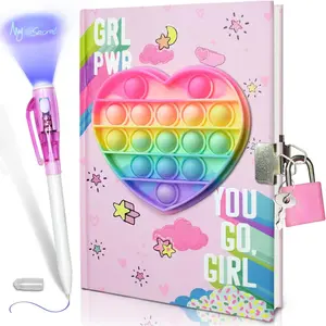 Girls Diary with Lock and Invisible Ink Double-end Pen, 7.5x5.4” 160 Lined Page Fidget Colorful Heart Girls Journal Secret Notebook Pen Set Birthday Gifts for Girls 5-10 Years Old
