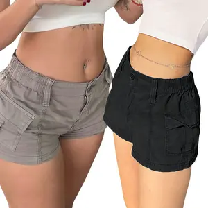 Women's Retro Cargo Shorts Solid Color Vintage Elastic Casual Summer Low Waist Shorts with Pockets Girl Lady Womenswear for Nightclub Streetwear Travel