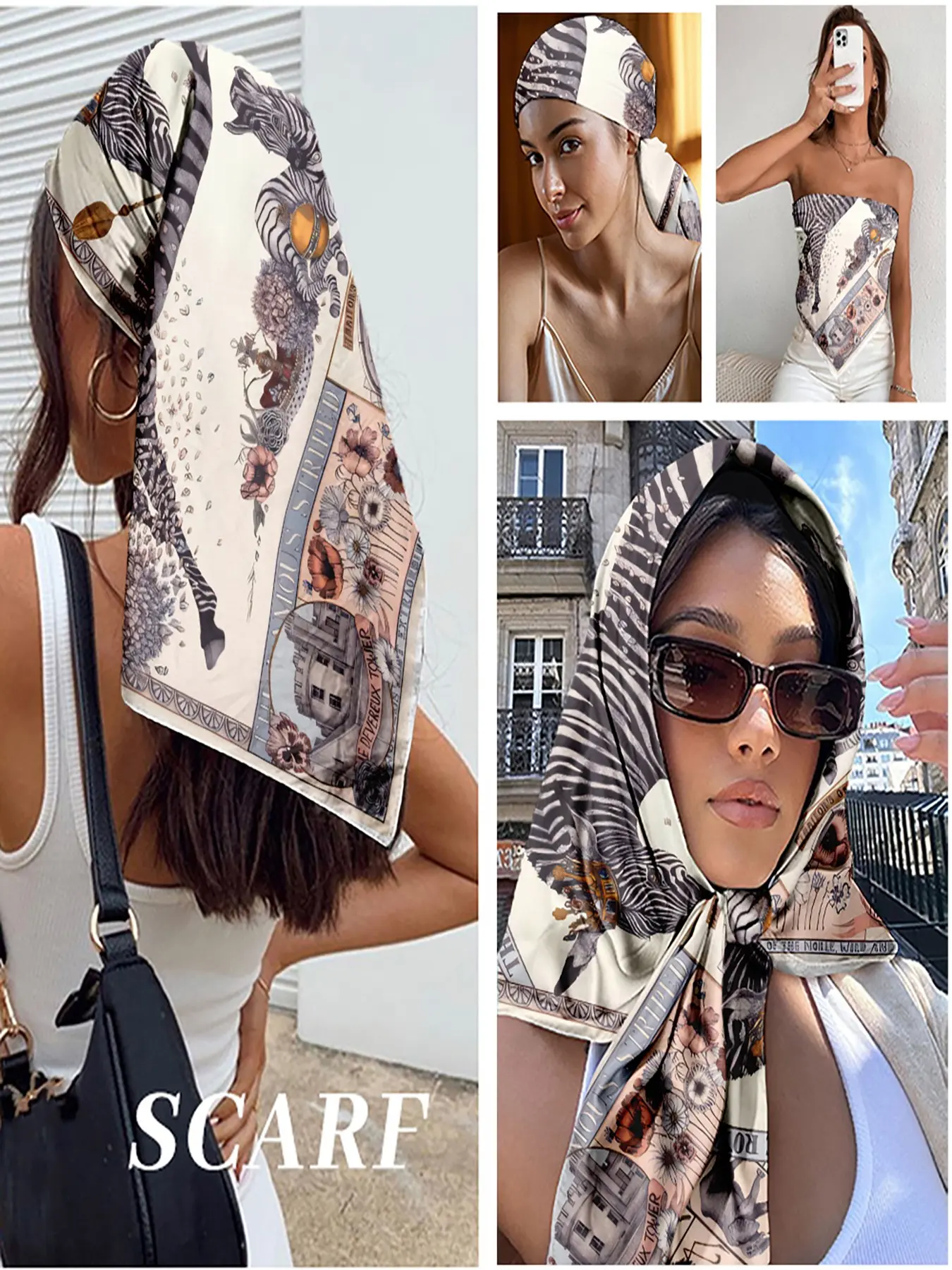 Vintage London Zoo Zebra Print Square Scarf - Classic Satin Bandana for Women, Versatile Hair Wrap/Neck Scarf/Bag Accessory, Perfect for Safari Outings & British Themed Events Fashion