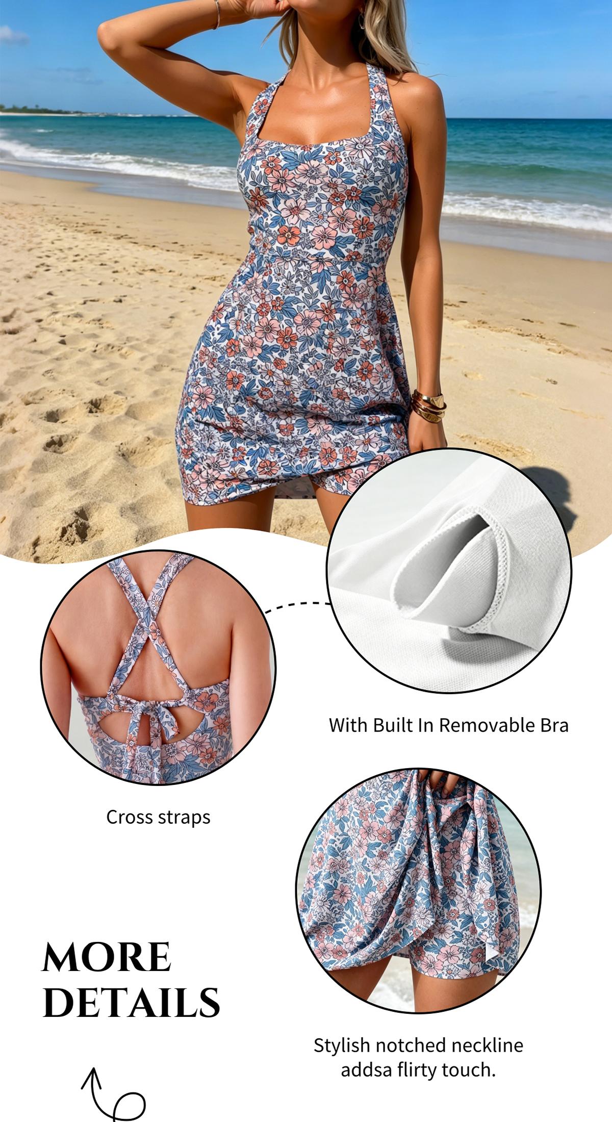 SwimWeek Women's One Piece Swimdress with Deep V Neckline Adjustable Straps Padded Cups Tummy Control Slimming Full Coverage Bathing Suit with Side Pocket for Beach Pool