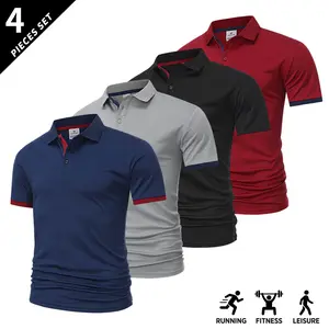 4-pack summer men’s short-sleeve polo shirts with turn-down collar, color-block design; casual athletic menswear tops—essential for business travel, dates, and home wear; breathable, comfortable fabric; casual golf shirt style.