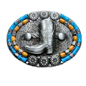 Western Cowboy Boot Belt Buckle with Turquoise & Wood Bead Accents – Rodeo-Inspired Statement Piece