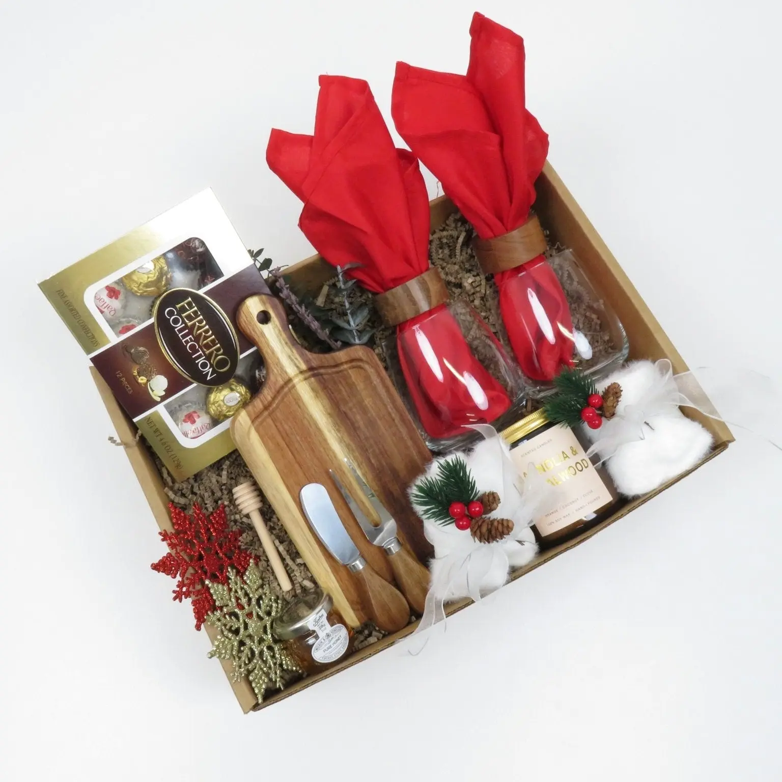 Holiday Gift Basket with Wine Glasses and Gourmet Treats