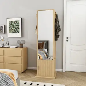 360° Rotating Makeup & Jewelry Cabinet with Full-Length Mirror, Standing Storage Cabinet with Coat Rack, 4 Open Shelves + 2 Built-In Shelves