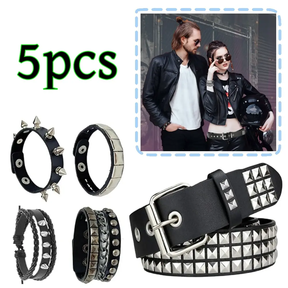 Studded Punk Style Belt and Bracelet Set, 5-Piece PU Leather Goth Grunge Accessories for Women Men, Adjustable Spiked Cuffs for Concerts, Fashion Jewelry, Sturdy Metal Studs, Fashion Belt, Emo, Scene, Halloween Cosplay