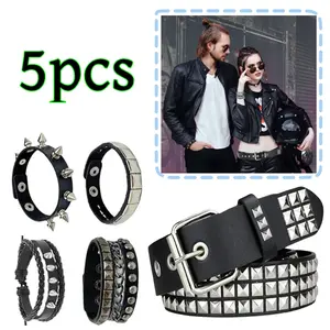 Black Studded Belt with Adjustable Emo Rock Cuff Bracelet Belt and Studded Bracelets Set Grunge Accessories for Women Men