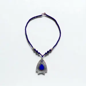 Handmade Afghan Blue Stone Locket Necklace Ethnic Boho Jewelry with Blue Beads and Intricate Pendant Design