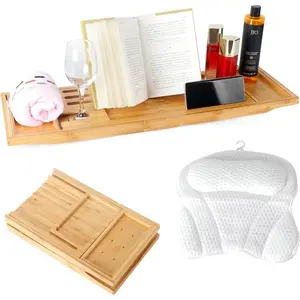 Bathtub tray table and bath pillow expandable and foldable bath caddy tray for tub luxury bathtub accessories