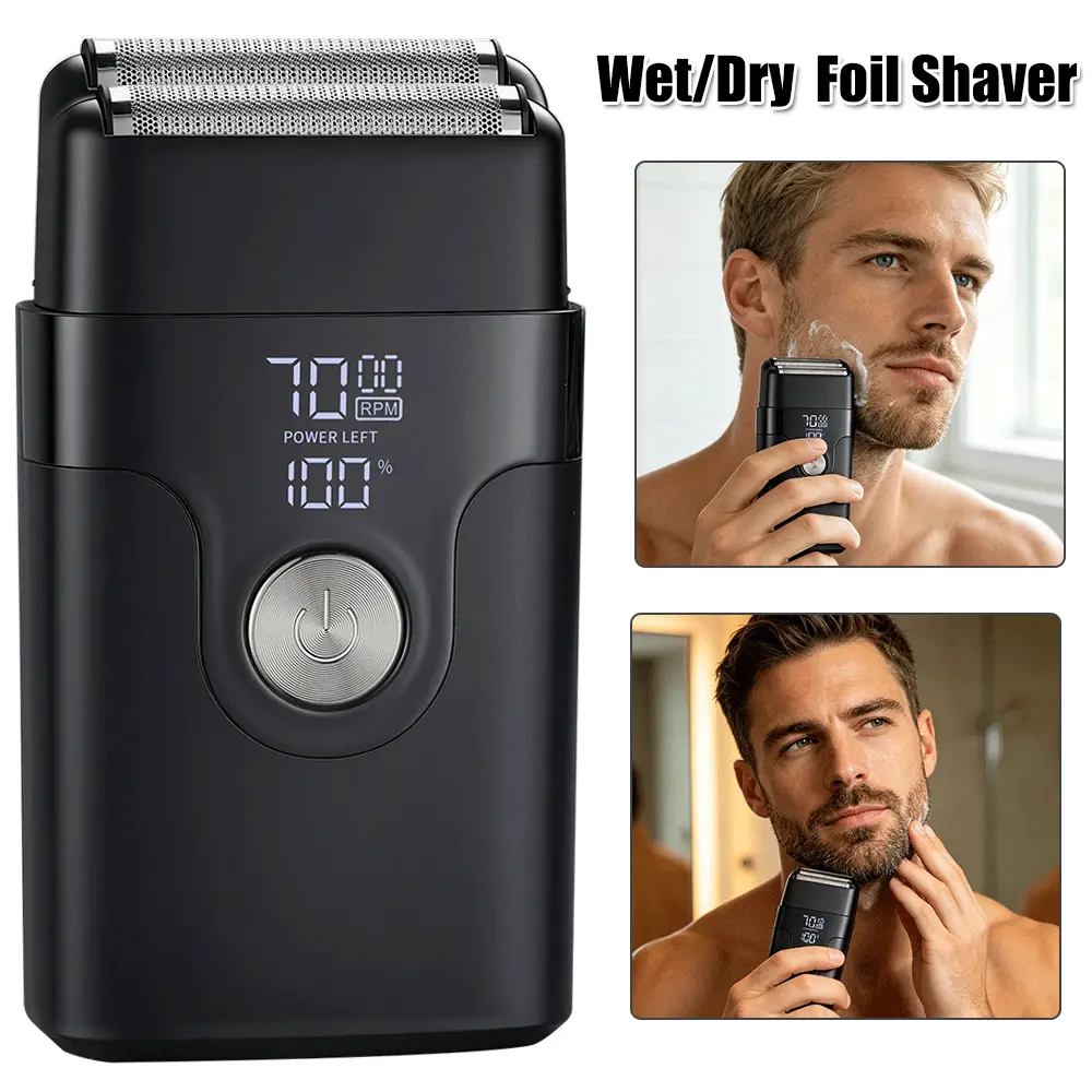 Men's Portable Dual Blade Stainless Steel Facial Electric Foil Shaver - Adjustable, Waterproof USB Cordless Beard Trimmer with LED Display, 3-Speed Motor, Fast Cut, Wet/Dry Use, Rechargeable Battery, ABS Plastic Build