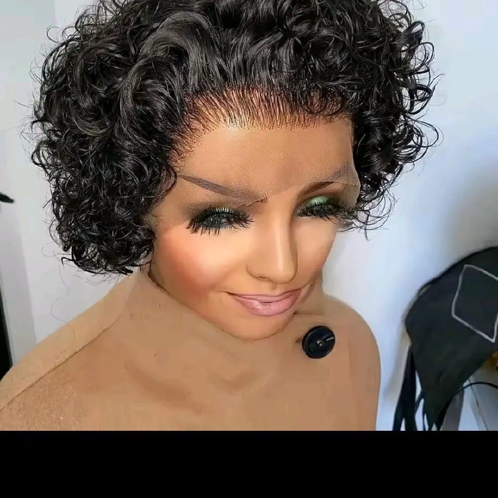 Women's 13x1 Lace Frontal 8" Pixie Cut Short Bob Human Hair Wig, Brazilian Virgin Wigs for Black Women, 180 Density,1B
