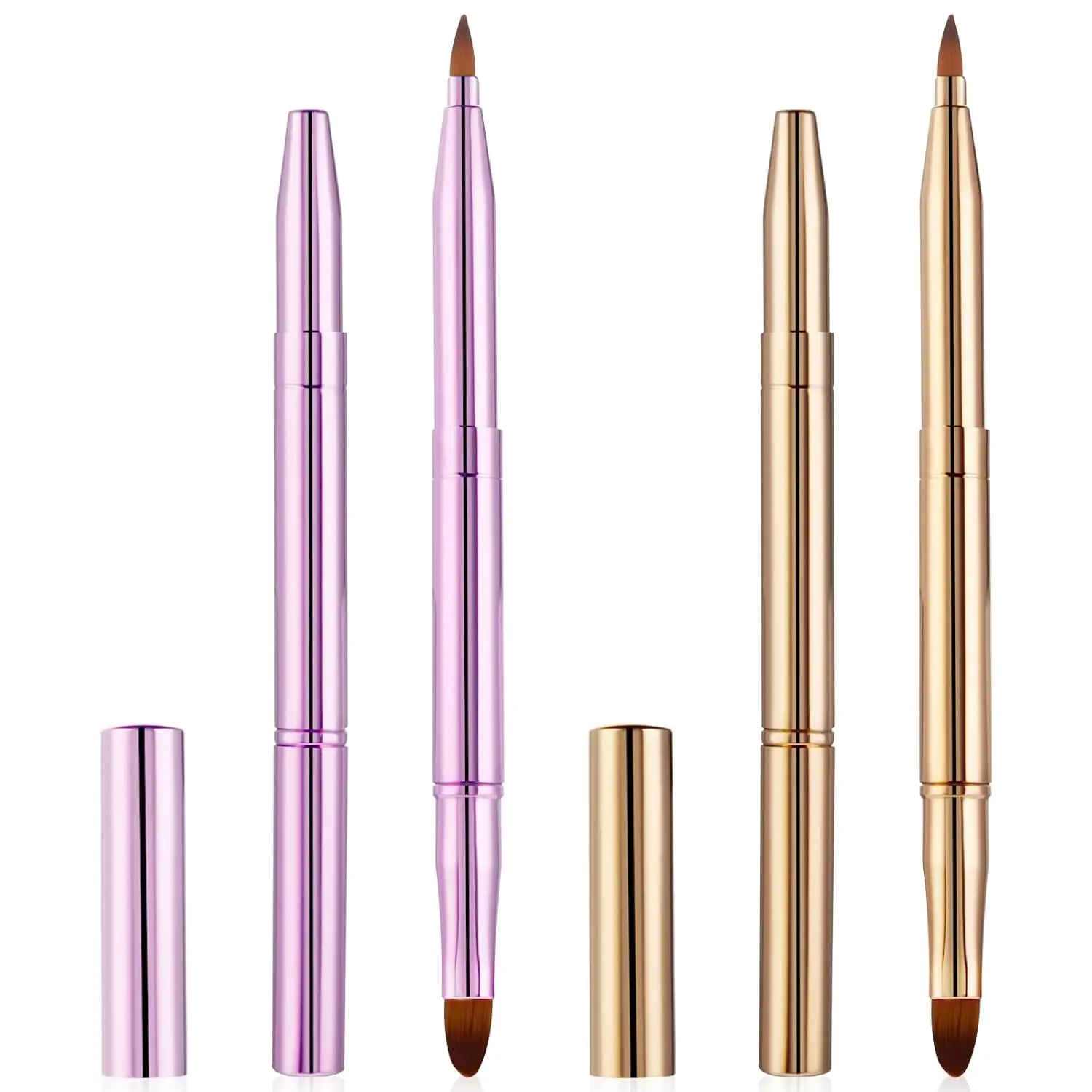 2 Pcs Retractable Lip Brush, Double-Ended Makeup Brushes for Lipstick, Lip Gloss (Gold, Pink)