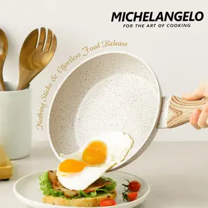 MICHELANGELO Small Frying Pan with Lid, Frying Pan Nonstick with Non-Toxic Coating, Granite Egg Pan with Anti-Scald Handle, Non stick White Cookware