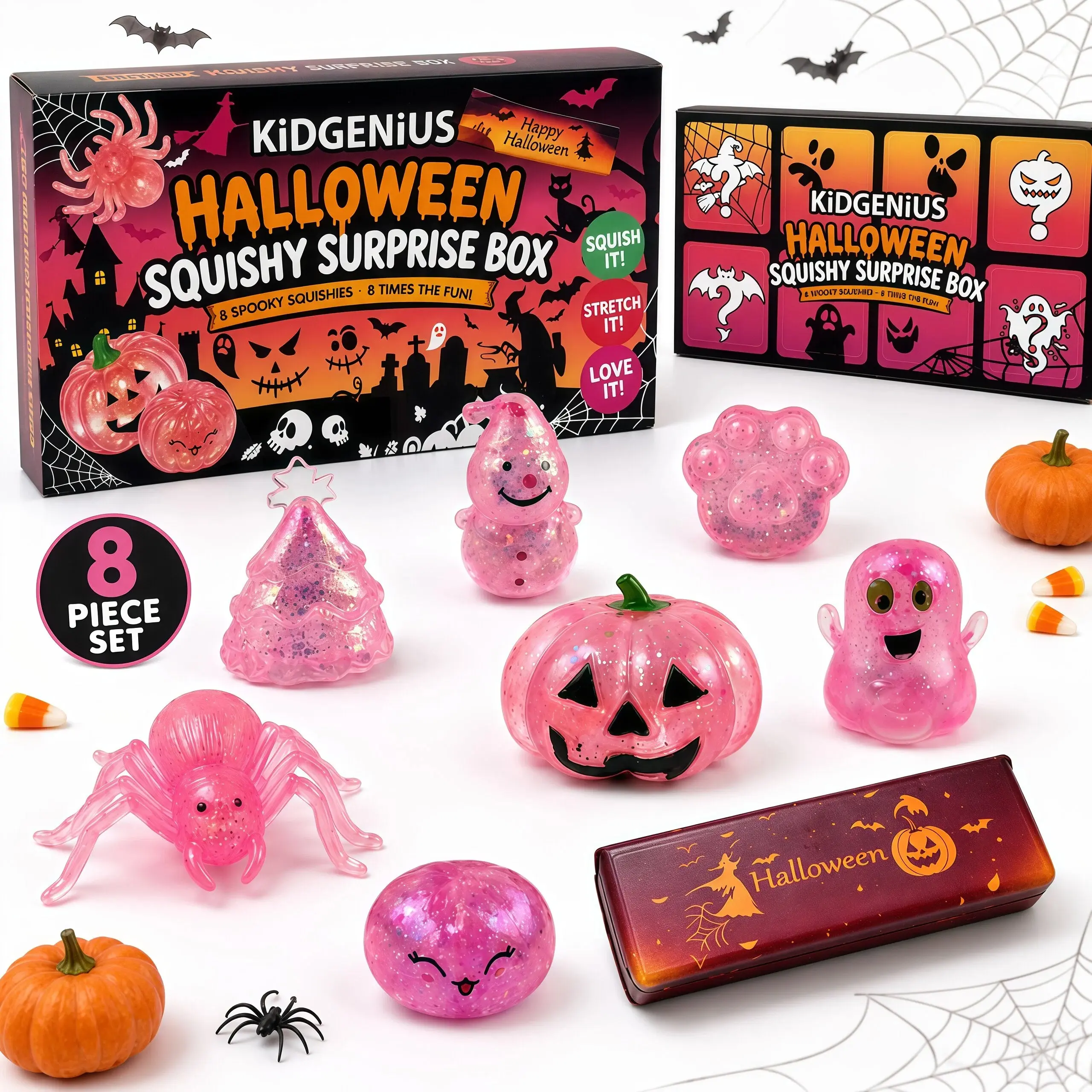 KIDGENIUS Glitter Halloween Squishy Surprise Box, 8-Pack TPR Elastic Soft Squishies with Spooky Shapes, Stress Relief Party Favors, Cool Gifts for Kids