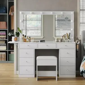47"W 9 Drawers Vanity Set with Fold-up Panel, Vanity Desk with Power Outlet, Makeup Vanity with Lighted Mirror 3 Adjustable Lighting Modes, Glass Top Vanity Table with Chair for Bedroom SummerVibe