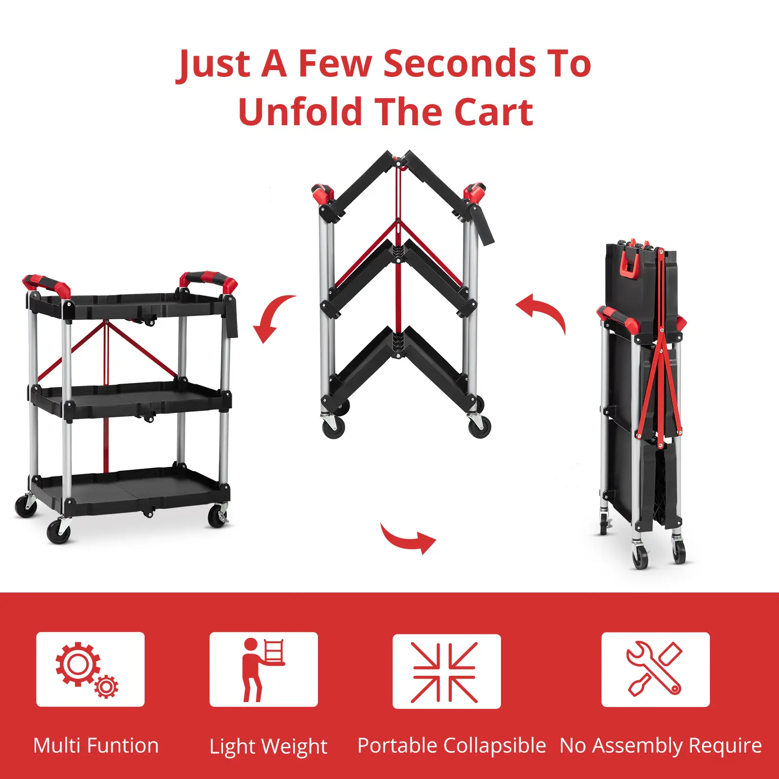 3-Tier Folding Rolling Utility Cart, 165 LBS Heavy Duty Plastic Service Cart with Lockable Wheels, Foldable Storage Cart for Kitchen Garage Office