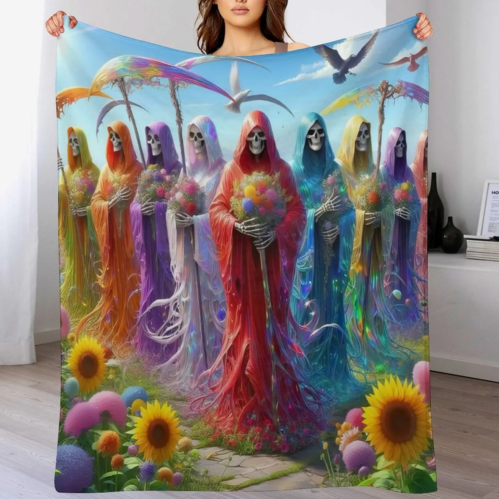 la gloria de la santa mierte Flannel Blanket, Day of the Dead Art Print ,Soft Cozy  Warm,Suit for Halloween Decor,Home Decor,Living Room,Bedroom,Sofa,Travel,Perfect Gift for Birthday,Anniversary, Thanksgiving Day,  Spooky Season