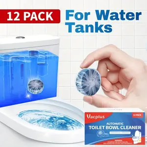 12 automatic toilet cleaning tablets, low odor to keep fresh, suitable for plastic surfaces, easy to use for home sanitation and RV toilets, powerful stain removal, long-lasting deodorization.