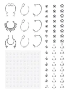 Fake Eyebrow Ring Fake Lip Labret Studs Replacement Balls Spike with 100pcs Sticker Non-Piercing Body Jewelry Fake Skin Piercing