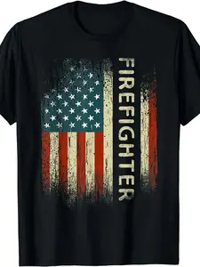 Men's & Women's Firefighter T-Shirt - Retro Fire Dept Badge Design with Fireman/Firewoman Print - 220gsm Heavyweight Cotton Tee - USA Flag Firefighter Gift Apparel
